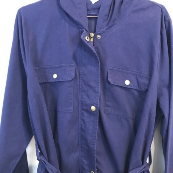 JustFab | Full Zip Utility Snap Button Hooded Coat Jacket Navy Blue - Picture 4 of 7